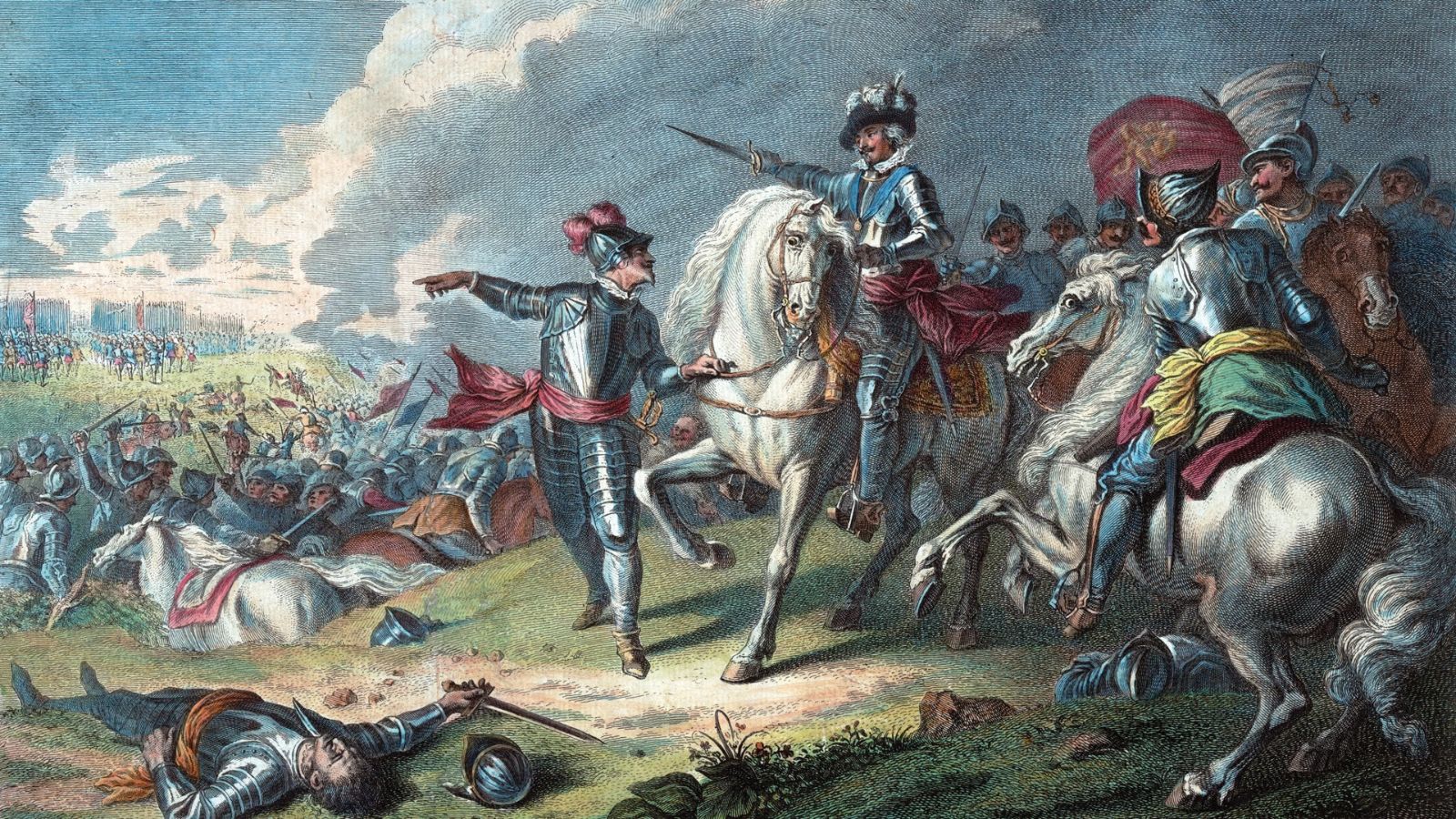 An antique color engraving depicting a dramatic battlefield scene during the English Civil War, centered around a commander on a rearing white horse. The commander wears polished plate armor, a sash, and a wide-brimmed hat with a feather, pointing his sword forward toward a chaotic infantry clash in the valley below. Beside him, an armored officer on foot points toward the battle lines, while other cavalrymen and a standard-bearer watch from the right. In the left foreground, a fallen soldier lies on the grass next to his sword and helmet, set against a backdrop of a vast army and a sky filled with heavy clouds.