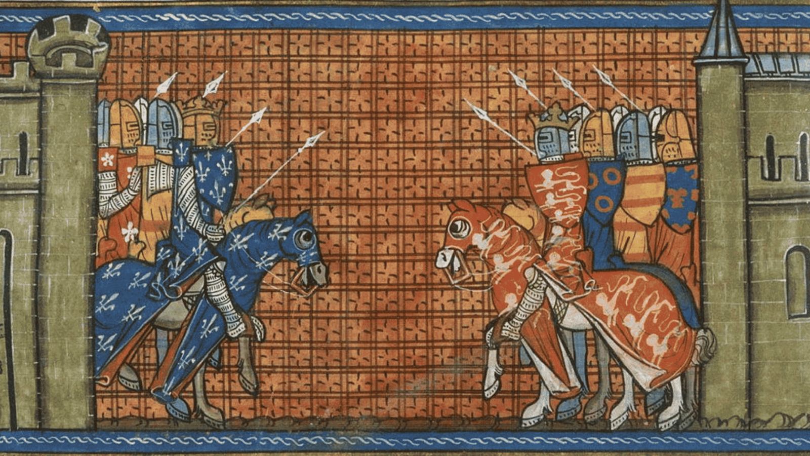 A medieval illuminated manuscript miniature depicting a legendary duel between two armies or monarchs, often identified as the combat between the forces of the French and English crowns. On the left, a crowned king clad in blue armor and a matching blue caparison patterned with the French fleur-de-lis rides a dark horse, leading a line of knights with shields, helms, and raised spears. On the right, an opposing crowned king clad in red armor with a caparison and shield bearing the three golden English lions charges forward on a reddish-brown horse, backed by his own line of heavily armored knights. The two forces confront each other on a narrow strip of ground flanked by stone castle towers on both edges, set against an intricate, orange-and-brown geometric tiled background.