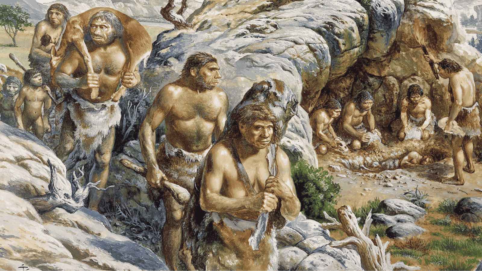 An artistic illustration depicting a community of early prehistoric humans, resembling Neanderthals or Homo heidelbergensis, active around a rocky cave shelter. On the left, several robust figures clad in animal furs return from a hunt, with one large man carrying a hunted deer over his shoulders and another holding a primitive wooden club. In the center, two figures stand alert, looking outward toward the landscape. To the right, inside and around the shallow cave entrance, other members of the group are gathered on the ground, processing stones, scraping hides, and tending to daily tasks in a rugged, wilderness environment.