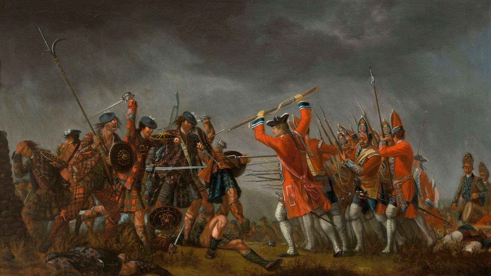 An 18th-century painting by David Morier titled An Incident in the Rebellion of 1745, depicting the fierce clash at the Battle of Culloden. On the left, a desperate wave of Jacobite highlanders dressed in traditional patterned tartans and kilts charge forward, wielding broadswords, targes (round shields), and long polearms. In the center and right, a disciplined, tightly packed line of British government infantrymen in bright red coats, tricorn hats, and mitre caps push back, holding their muskets with fixed bayonets leveled horizontally to repel the assault under a dark, stormy sky.