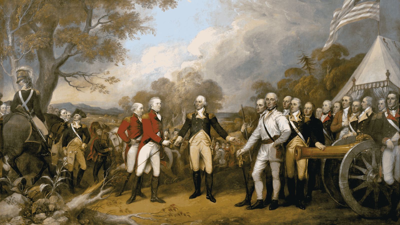 An 18th-century historical painting by John Trumbull depicting the Surrender of General Burgoyne at Saratoga. In the center, American General Horatio Gates, dressed in a blue and buff continental uniform, stands with open hands to receive British General John Burgoyne, who is dressed in a bright red coat and offers his sword. To the left, other British officers in red coats stand beside mounted cavalrymen under the shade of a large tree. To the right, a dense assembly of continental officers stands next to a large brass cannon positioned near a white military tent, beneath an early American flag waving against a dramatic, cloudy sky.