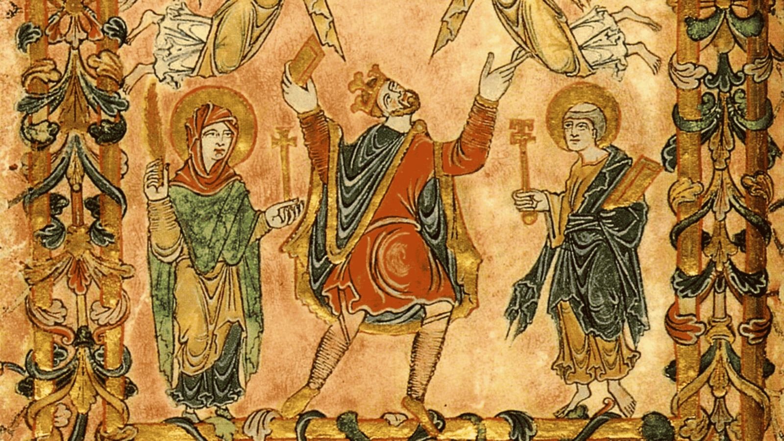 An Anglo-Saxon illuminated manuscript miniature from the New Minster Charter, depicting King Edgar the Peaceful offering the charter to Christ. In the center, the crowned king looks upward in devotion, raising his hands toward a heavenly vision while flanked by the Virgin Mary on the left, who holds a palm branch, and Saint Peter on the right, who holds a ceremonial key and an open book. The entire scene is enclosed within an ornate, symmetrical border decorated with intricate acanthus leaf foliage in gold, red, and green tones, showcasing traditional late 10th-century Anglo-Saxon art and royal dress.