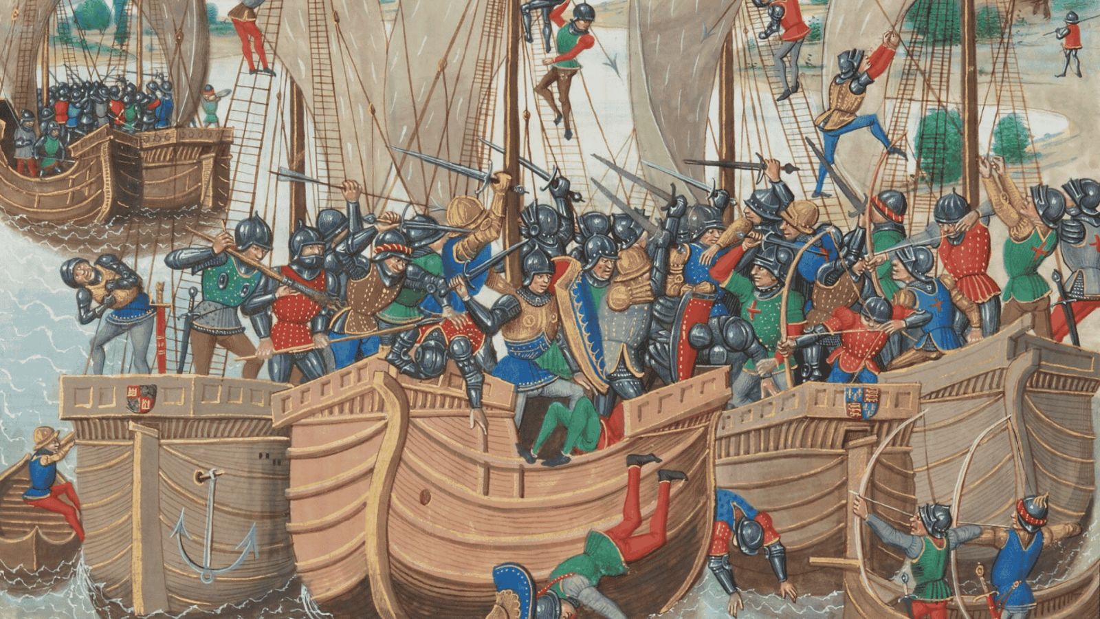 A medieval illuminated manuscript miniature from Froissart's Chronicles depicting the Battle of Sluys during the Hundred Years' War. In the center, multiple wooden English and French warships are locked together in intense, close-quarters combat on the sea. Fully armored House of Plantagenet knights and French soldiers clash on the decks with swords, axes, and long spears, while archers on the right draw longbows to shoot arrows into the melee. In the foreground, several defeated soldiers fall headfirst over the sides of the wooden hulls into the water, and in the upper rigging, sailors climb the masts and shrouds to drop projectiles onto the decks below.